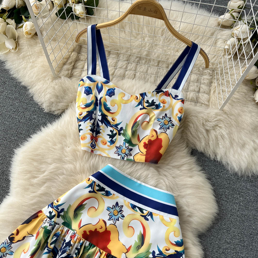 Euramerican ins holiday print dress suit fashionable suspender vest wear high waist mid length skirt two-piece