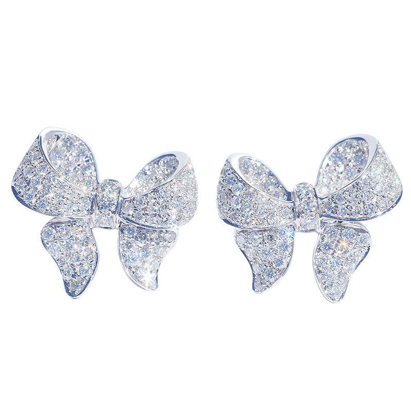 Sterling Silver Bowknot Designer Stud Earrings Shining Crystal Diamond Luxury CZ Diamond Stone Cute Earring Ear Rings Jewelr