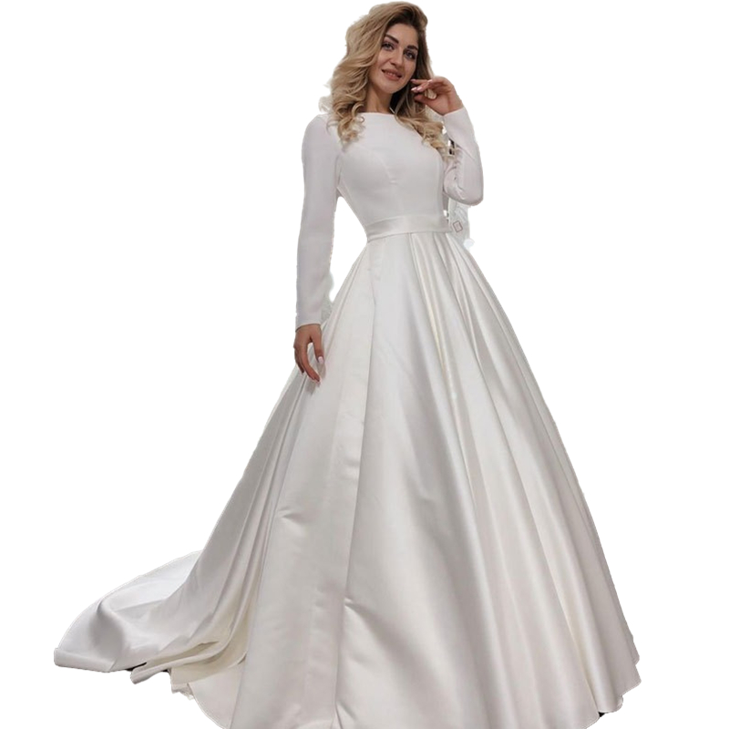 Simple White A-Line Wedding Dress Capped Long Sleeve Satin Bridal Gowns 2023 Crew Neck Modest Muslim Robe De Mariee Custom Made