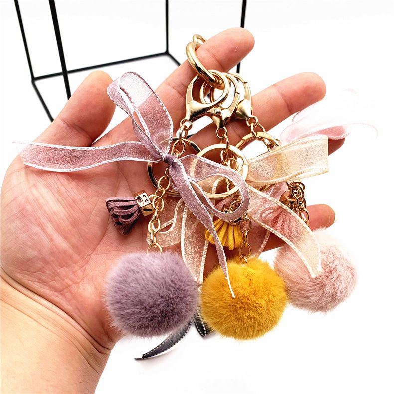 Cute bow key chain lace fur ball bag plush pendant cartoon car key chain small gift accessories YLE630