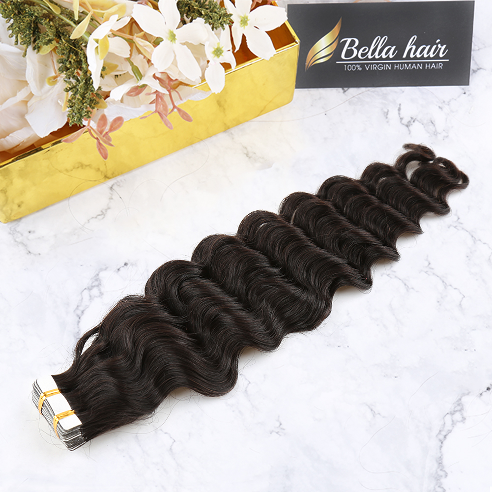 Deep Wave Tape in Hair Extensions Real Human Remy Human Adhesive Tapes Extension 20PCS Thick End 50G Nautral Black PU Hair Extension Bella Hair