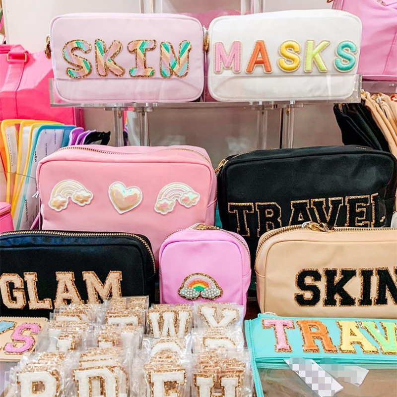 Cosmetic Bags Cases Stock Wholesale Multi Colors Waterproof Nylon Pouch Cosmetic Bag Women Letters Patch DIY Makeup Bag Teens large toiletry bag 22101