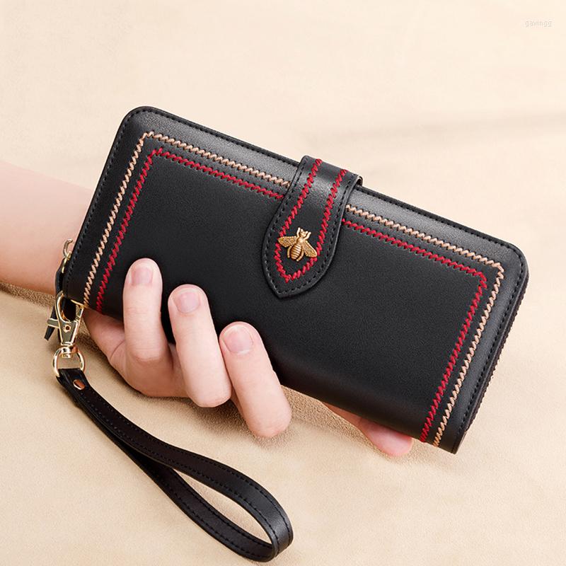Wallets Genuine Leather Wallet Women Clutch Female Purse Long Money Bag Zipper Coin Bee Wristlet Phone Hasp