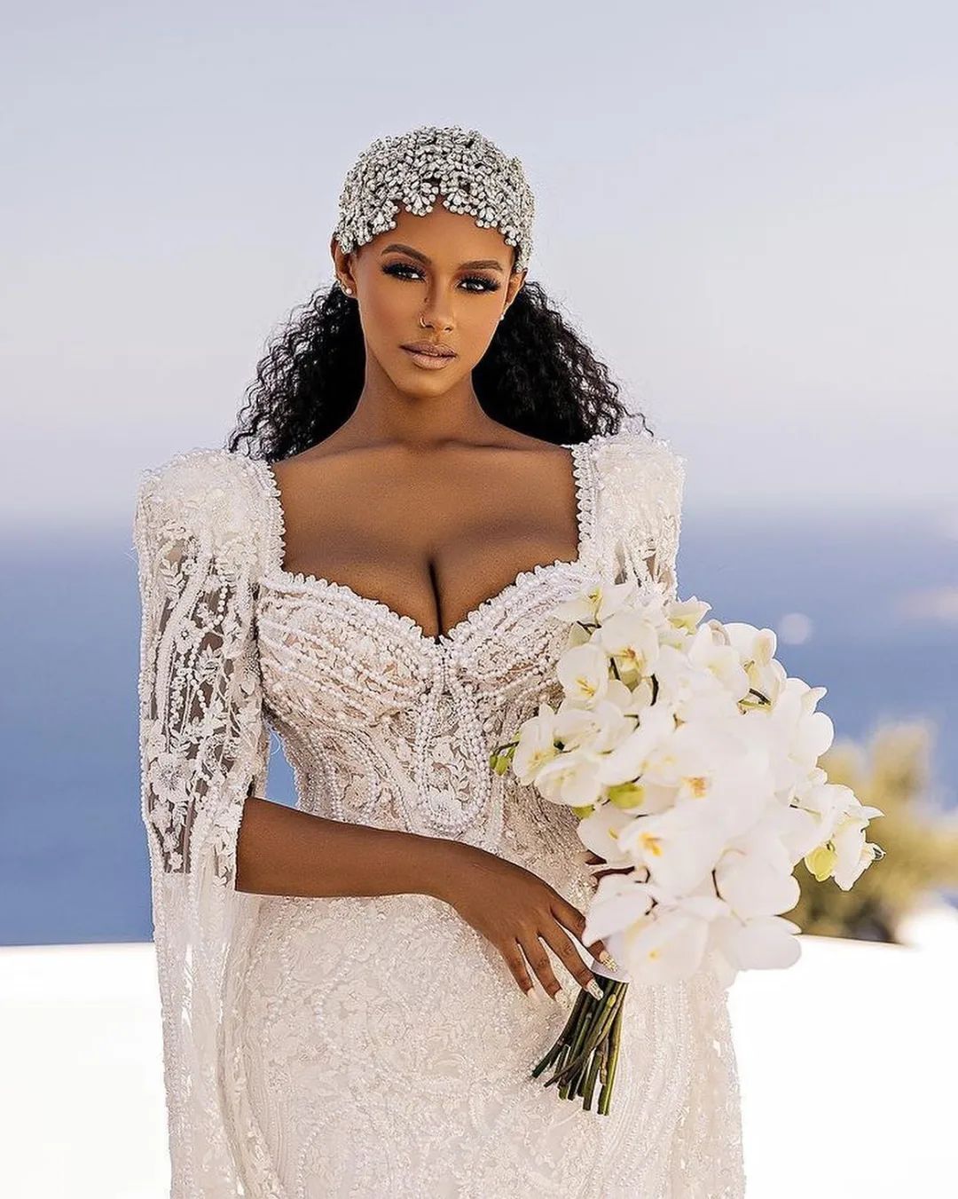Arabic Beach White Mermaid Wedding Dress Luxury Pearl Sweetheart Trumpet Full Sleeve Lace Bridal Gowns Robe De Soiree