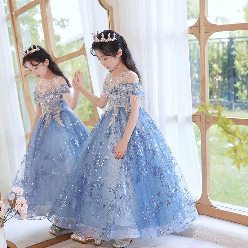 Glitter Blue Flower Girl Dresses Sequin teenagers Puffy Princess Cute Little Baby gowns Kid Birthday Pageant Dress First Communion