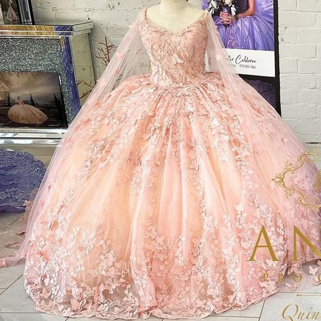 Mint Lilac lavender Butterfly Quinceanera Dresses With Cape Lace-up Applique prom Sweet 16 Dress Mexican Vestidos De XV Anos