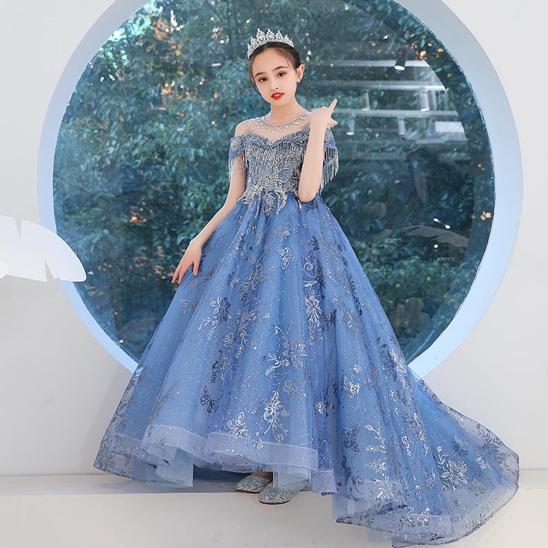 Glitter Blue Flower Girl Dresses Sequin teenagers Puffy Princess Cute Little Baby gowns Kid Birthday Pageant Dress First Communion