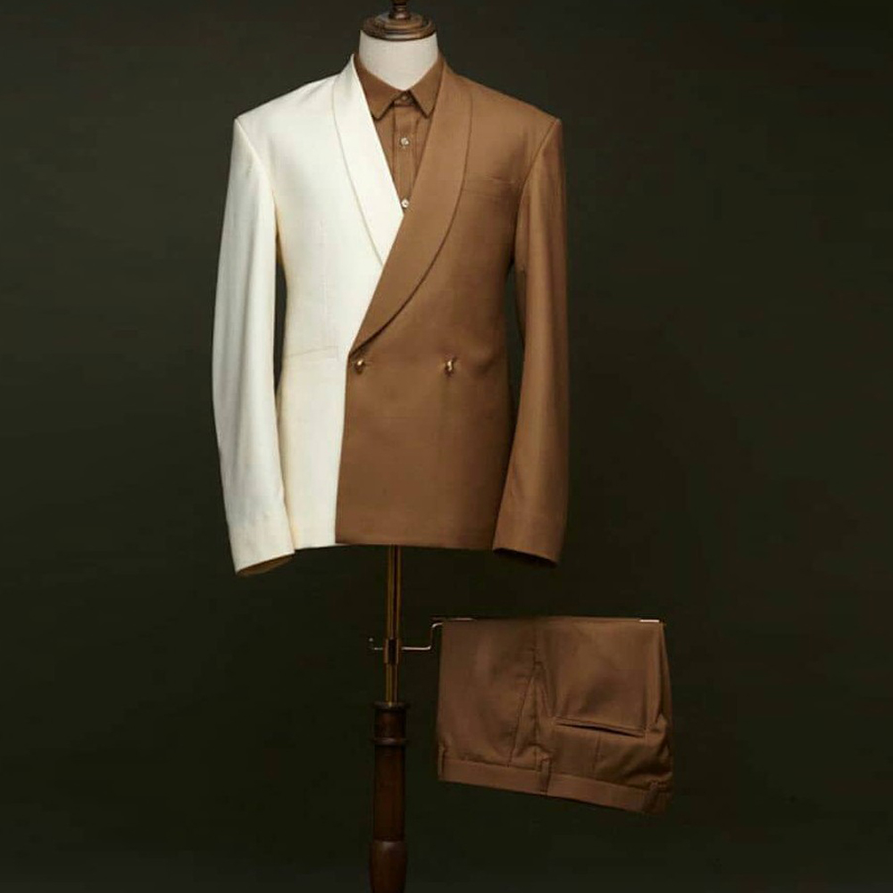 Fashion Contrast Color Wedding Tuxedos Double Breasted Slim Fit Suit for Groom Two Pieces Brown and White tres de hombre 0516