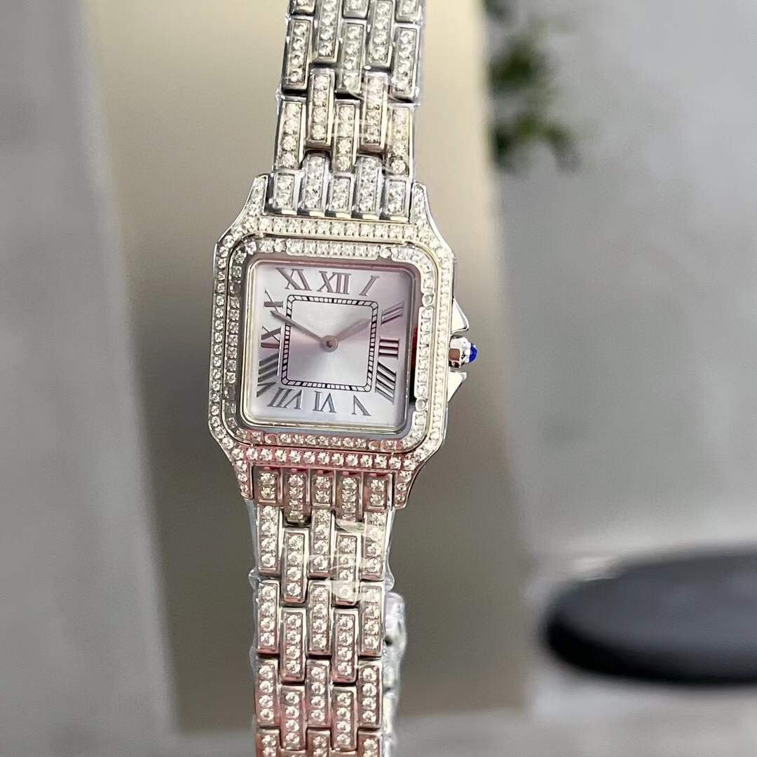 22mm 27mm Silver Full Diamond Panthere Watches Women Geometric Square Panther Watch Stainless Steel Quartz Wristwatch Female Roman Numerals Clock WaterProof