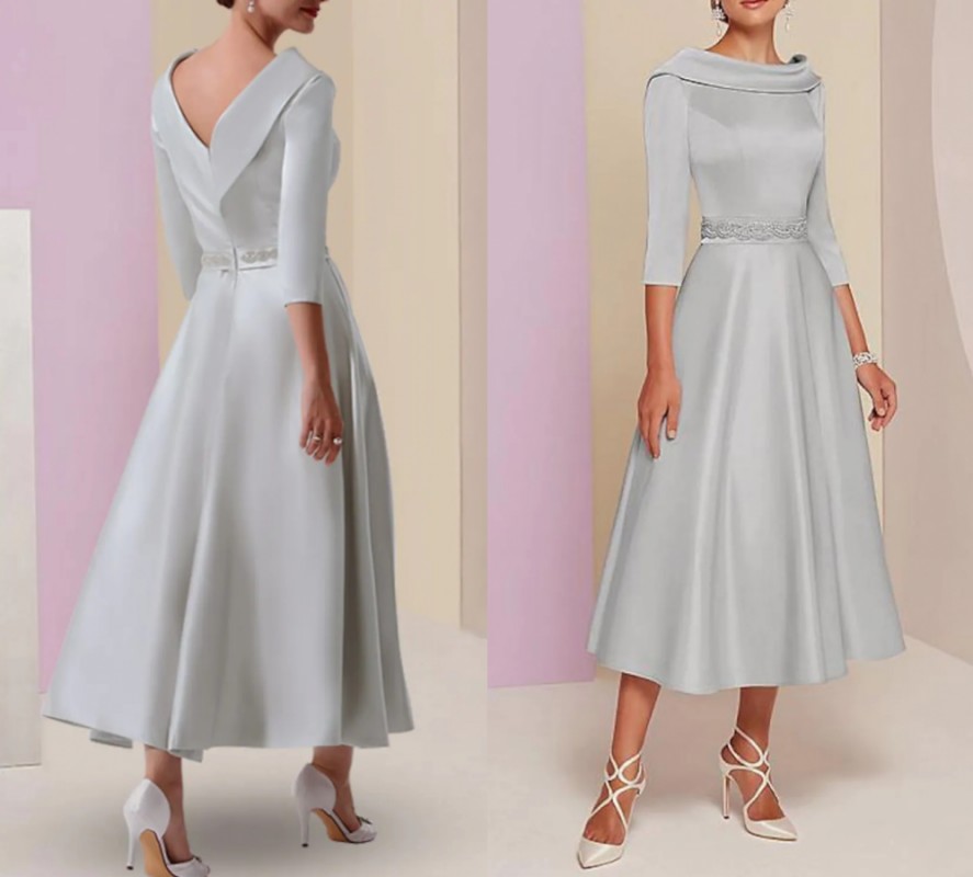 A-Line Mother of the Bride Dress Vintage Plus Size Bridal Party Gown Elegant Bateau Neck Tea Length Satin 3/4 Sleeve Champagne Silver 2024 Customed Ro