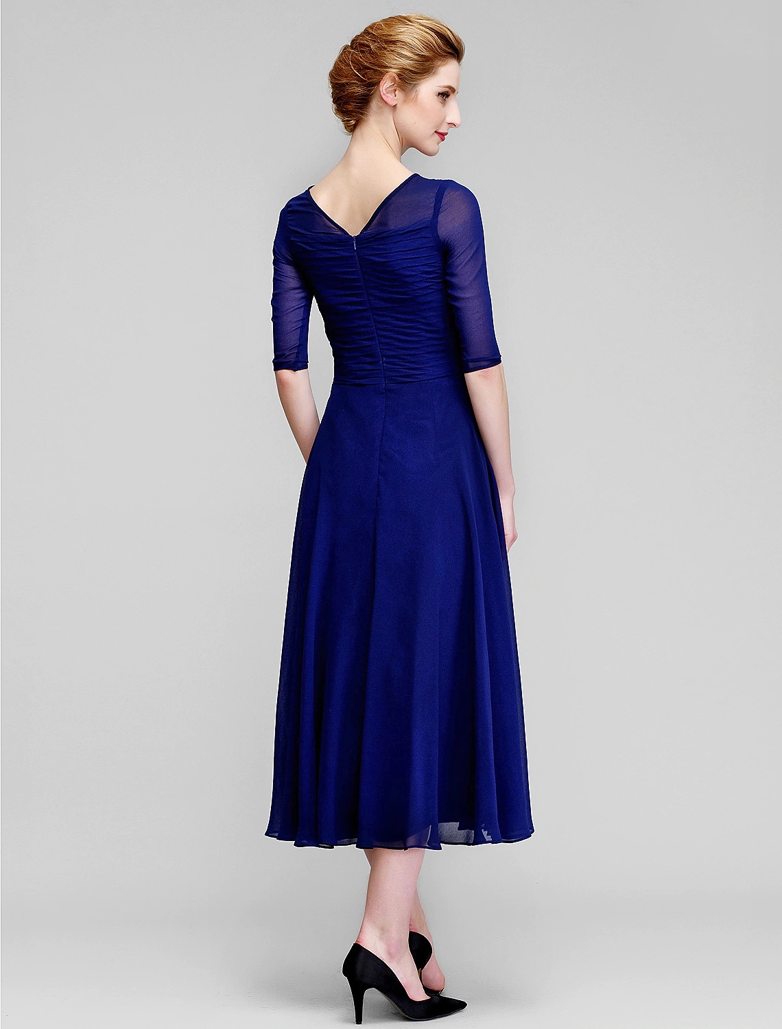 Royal Blue A-Line Mother of the Bride Dress Bateau Neck Tea Length Groom Guest Gowns Chiffon Half Illusion Sleeve with Ruched 2024 Robe De Soiree