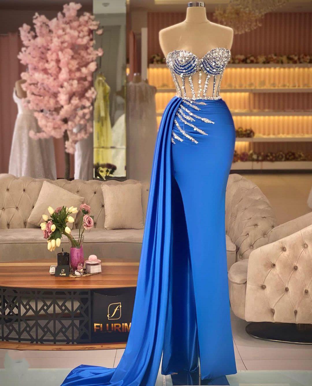 Blue New Prom Sleeveless Satin Strapless V Neck Appliques Shiny Sequins Beaded Evening Dresses Side Slit Or Length Party Gowns Plus Size Custom Made L