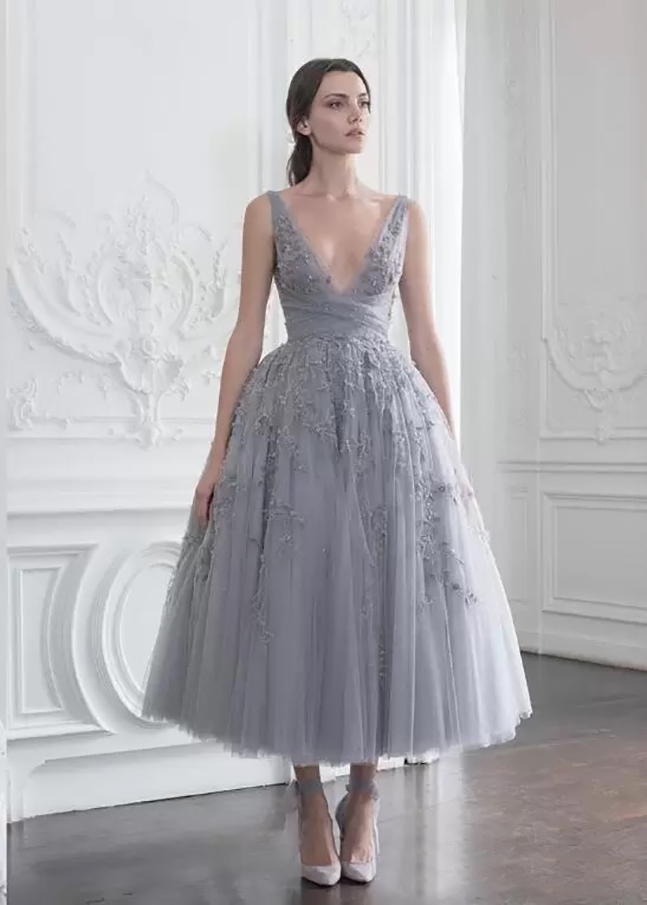 Prom Paolo Sebastian Dresses Lace Appliqued Rhinestones A Line Tea Length Evening Gowns Custom Made V Neck Tail Party Dress