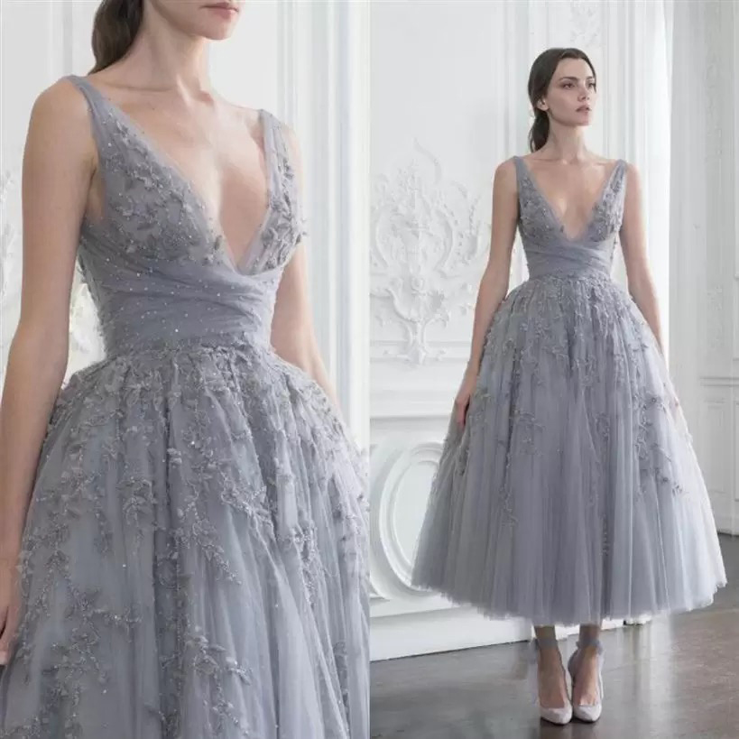 Prom Paolo Sebastian Dresses Lace Appliqued Rhinestones A Line Tea Length Evening Gowns Custom Made V Neck Tail Party Dress