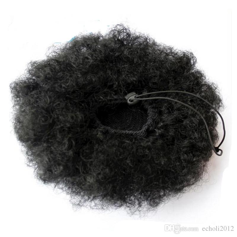 Afro Kinky Curly Drawstring Ponytail Human Hair Clip In Extensions Brazilian Remy Hair 10 Inches Natural Color Bun