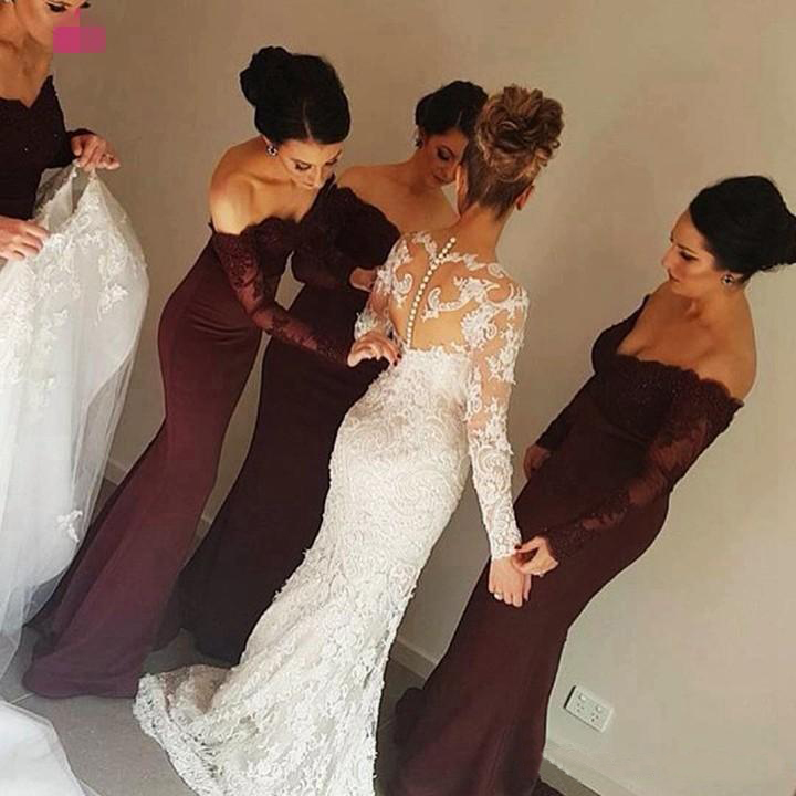 Hot Burgundy Long Sleeves Mermaid Bridesmaid Dresses Lace Appliques Off the Shoulder Maid of Honor Gowns Custom Made Formal Evening Dresses