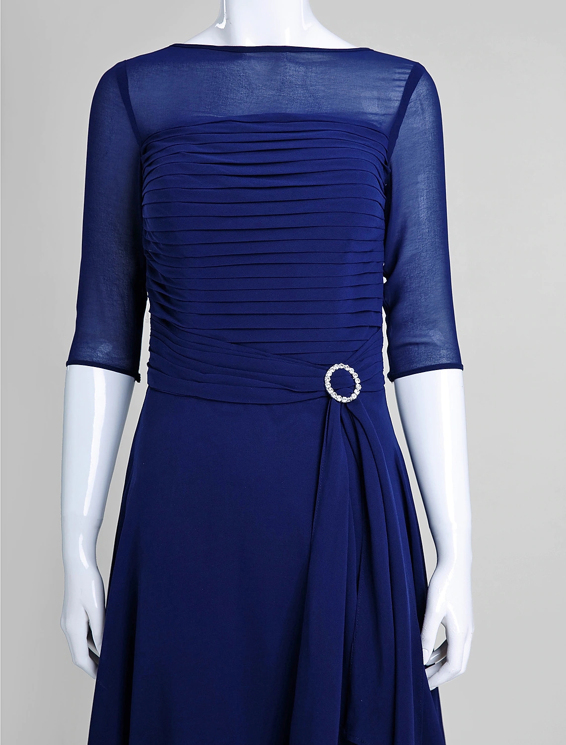 Royal Blue A-Line Mother of the Bride Dress Bateau Neck Tea Length Groom Guest Gowns Chiffon Half Illusion Sleeve with Ruched 2024 Robe De Soiree