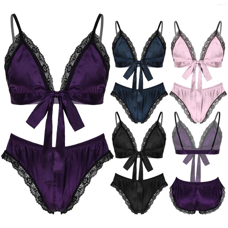 Vêtements pour hommes hommes Sissy Gay 2pcs en satin dentelle de pyjama set tenues de nuit