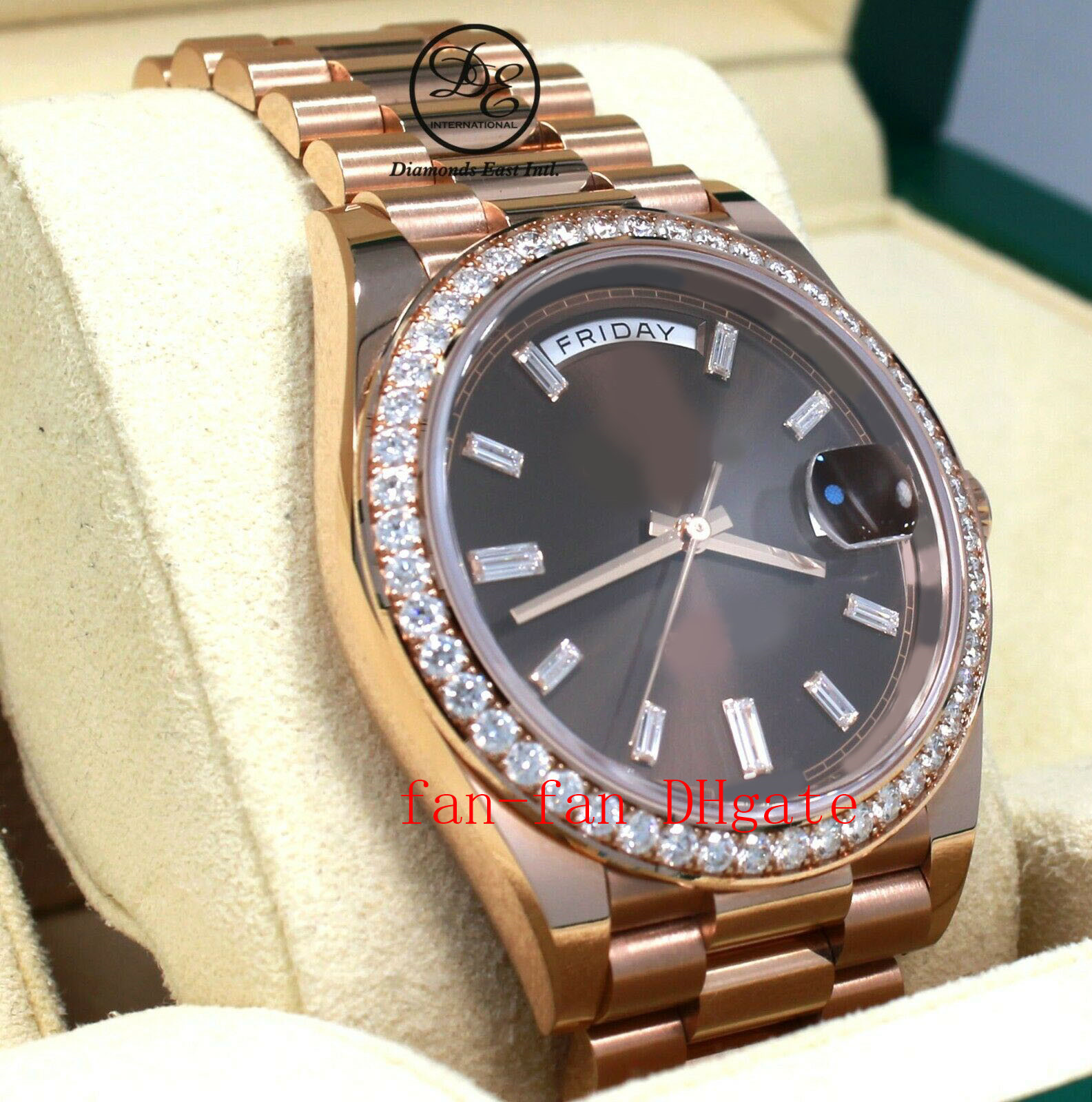 Original Box WATCH President 40mm Day-Date 228345 RBR 18K Rose Gold Chocolate Baguettes Dial Mechanical Automatic mens BF watcheS, White
Original Box WATCH President 40mm Day-Date 228345 RBR 18K Rose Gold Chocolate Baguettes Dial Mechanical Automatic mens BF watcheS, White