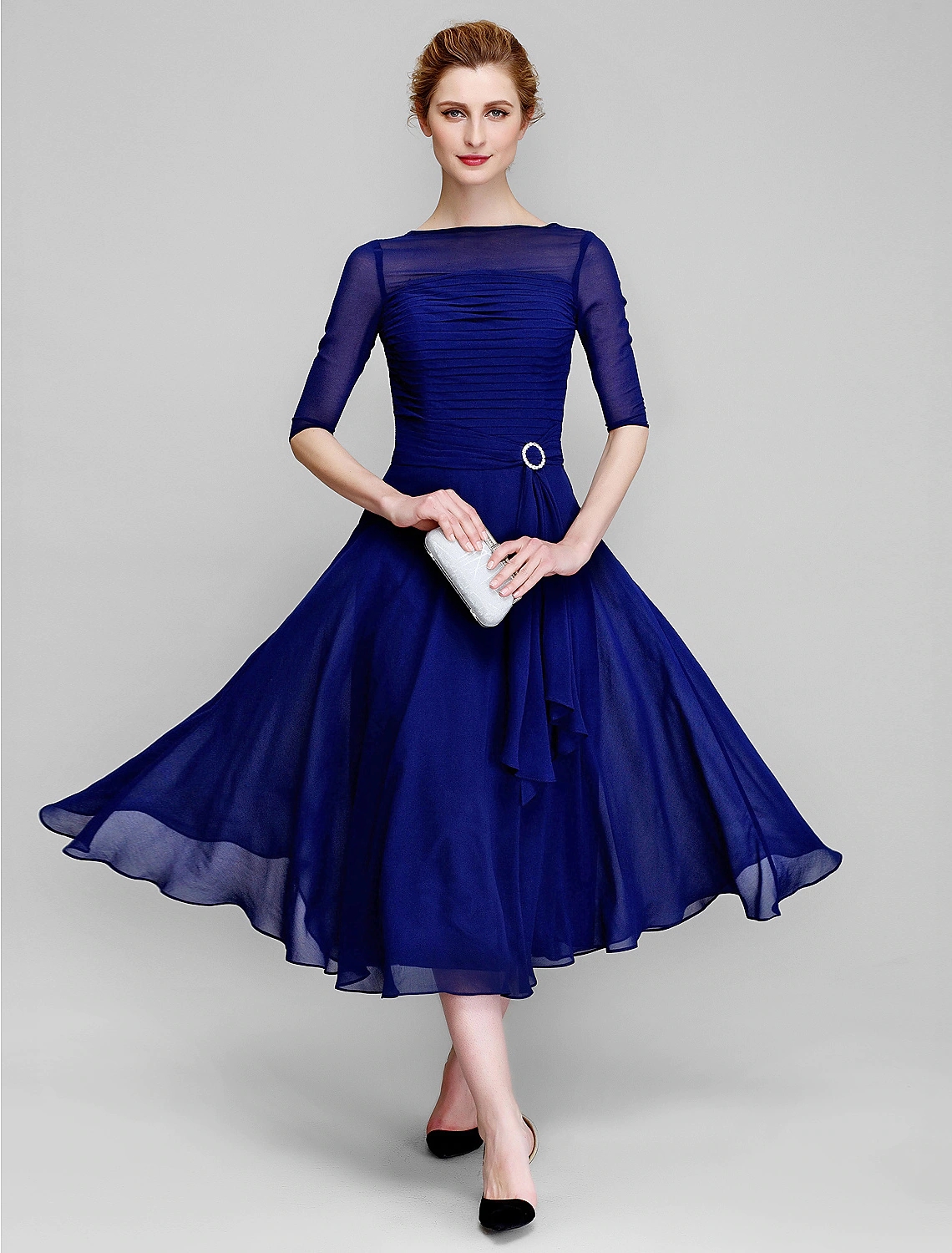 Royal Blue A-Line Mother of the Bride Dress Bateau Neck Tea Length Groom Guest Gowns Chiffon Half Illusion Sleeve with Ruched 2024 Robe De Soiree