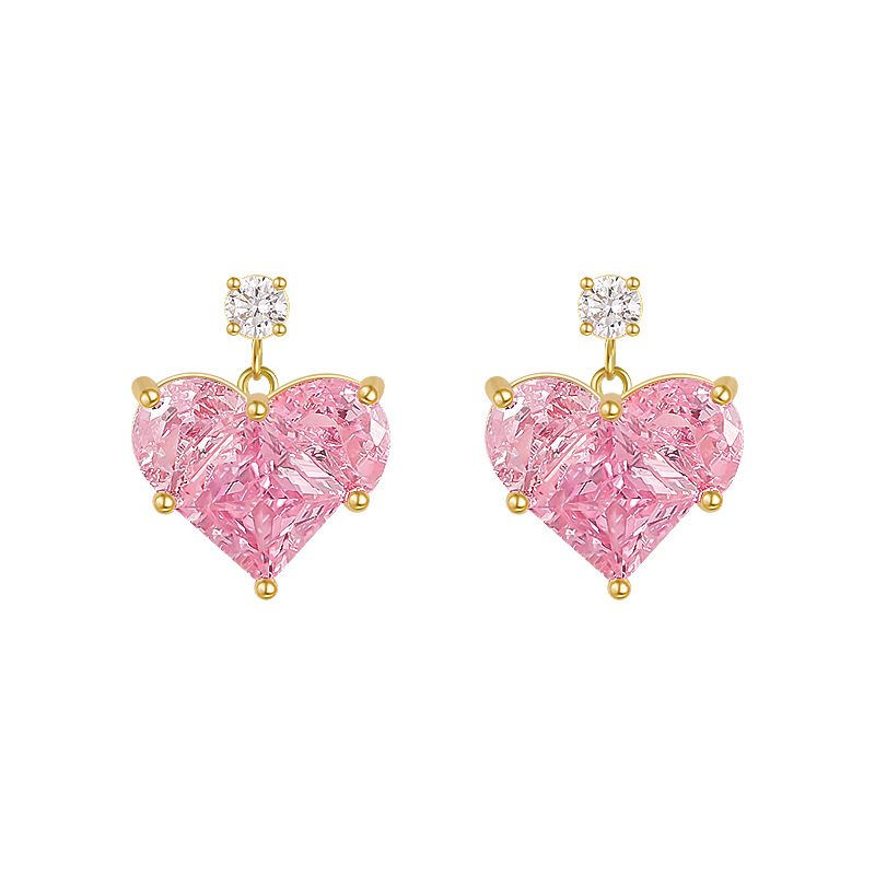 Bling Pink Lover Heart Stud Earrings 18K Real Gold Plated Jewelry S925 Needle