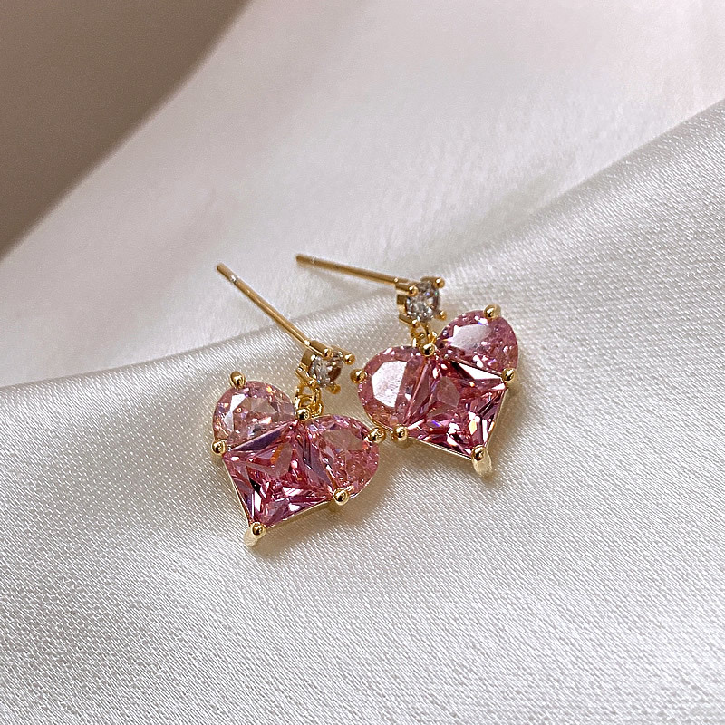 Bling Pink Lover Heart Stud Earrings 18K Real Gold Plated Jewelry S925 Needle