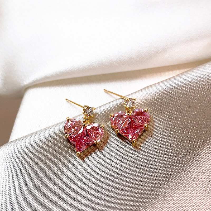 Bling Pink Lover Heart Stud Earrings 18K Real Gold Plated Jewelry S925 Needle
