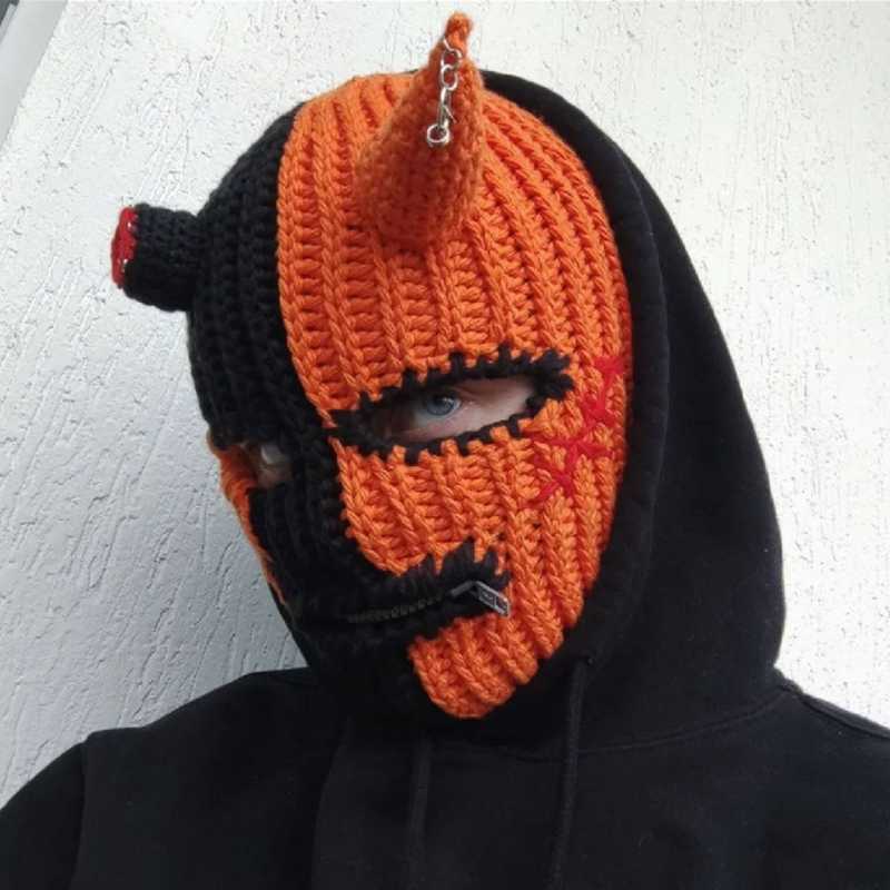 Cycling Caps Masks Halloween Funny Horns Creative Knitted Hat Beanies Warm Full Face Cover Ski Mask Hat Windproof Balaclava Hat for Outdoor Sport L221