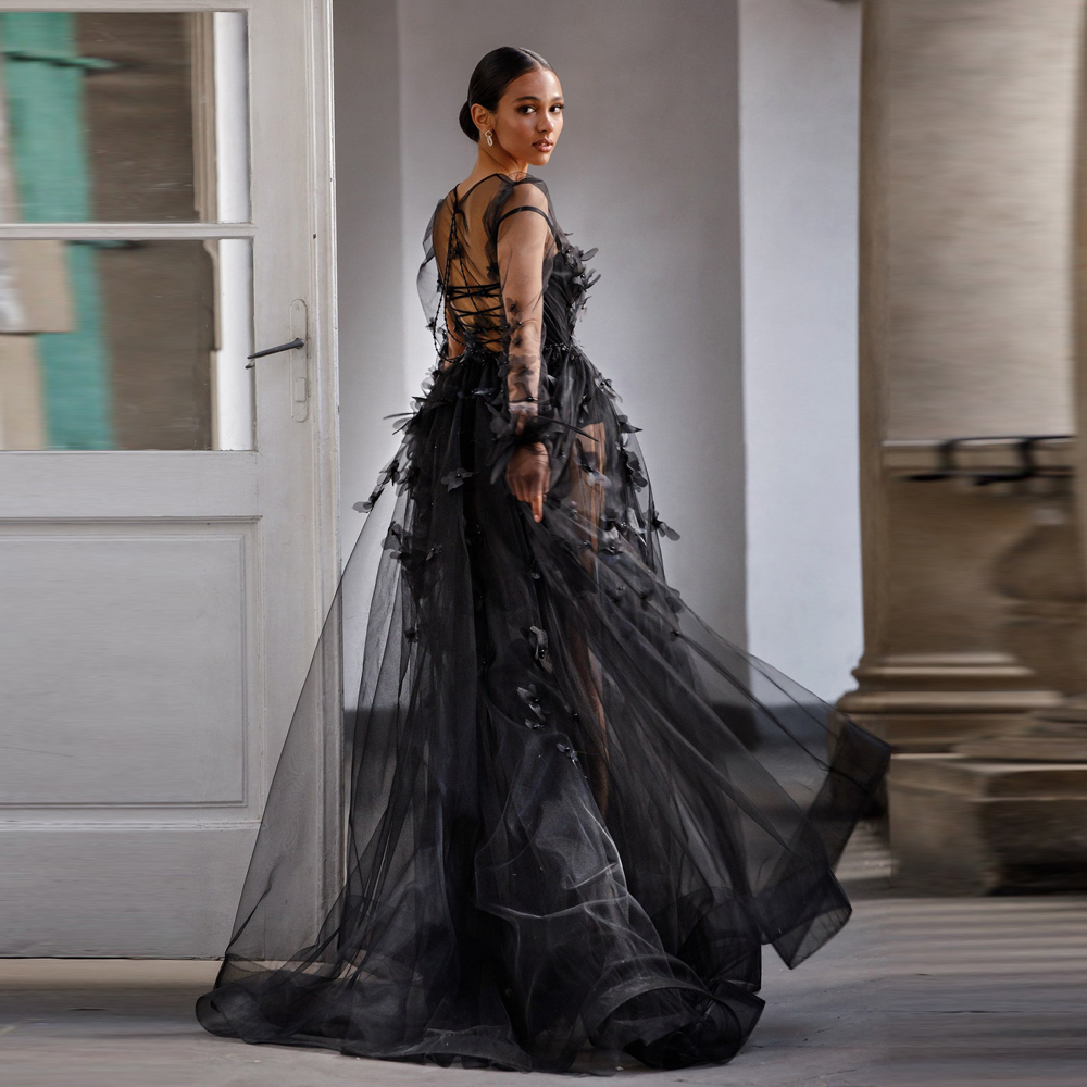 Black 3D Flower Bridal Sleepwear Front Split Wedding Robe With Long Sleeve Handmade Tulle Pageant Women's Pajamas