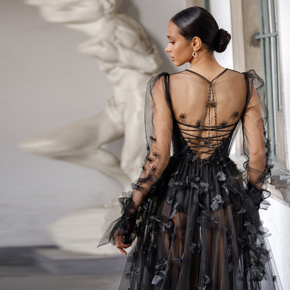 Black 3D Flower Bridal Sleepwear Front Split Wedding Robe With Long Sleeve Handmade Tulle Pageant Women's Pajamas