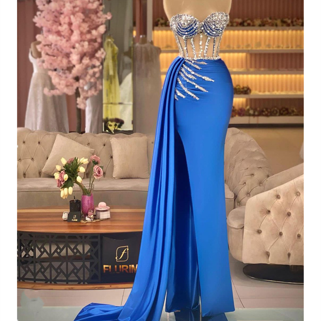 Blue New Prom Sleeveless Satin Strapless V Neck Appliques Shiny Sequins Beaded Evening Dresses Side Slit Or Length Party Gowns Plus Size Custom Made L