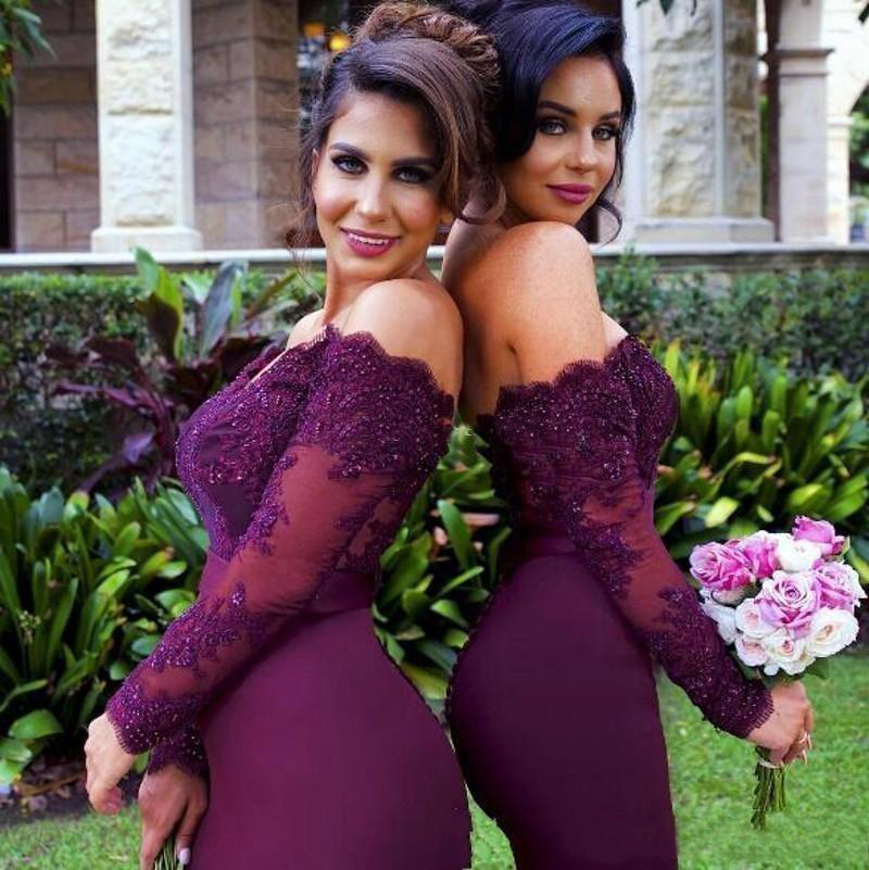 Hot Burgundy Long Sleeves Mermaid Bridesmaid Dresses Lace Appliques Off the Shoulder Maid of Honor Gowns Custom Made Formal Evening Dresses