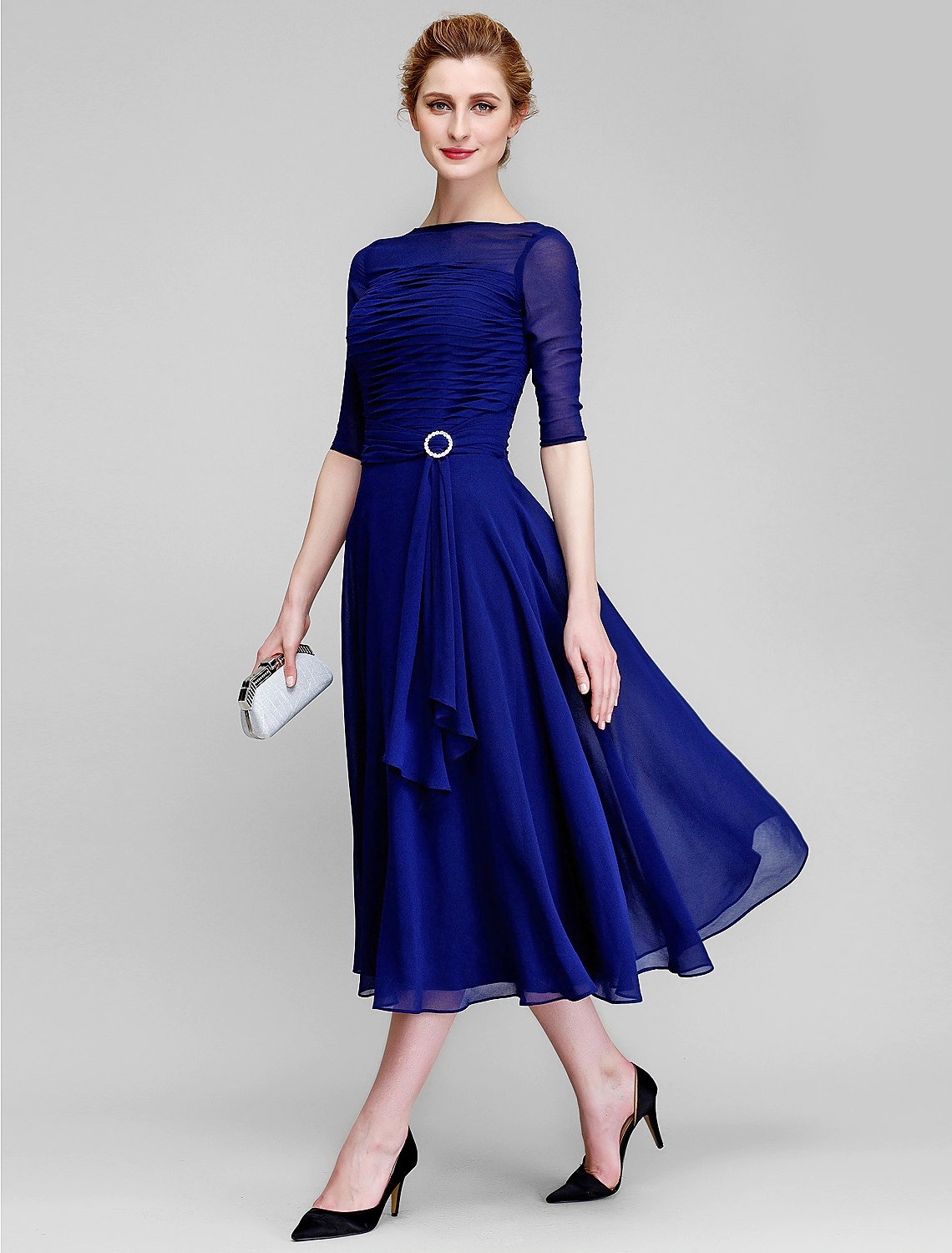 Royal Blue A-Line Mother of the Bride Dress Bateau Neck Tea Length Groom Guest Gowns Chiffon Half Illusion Sleeve with Ruched 2024 Robe De Soiree