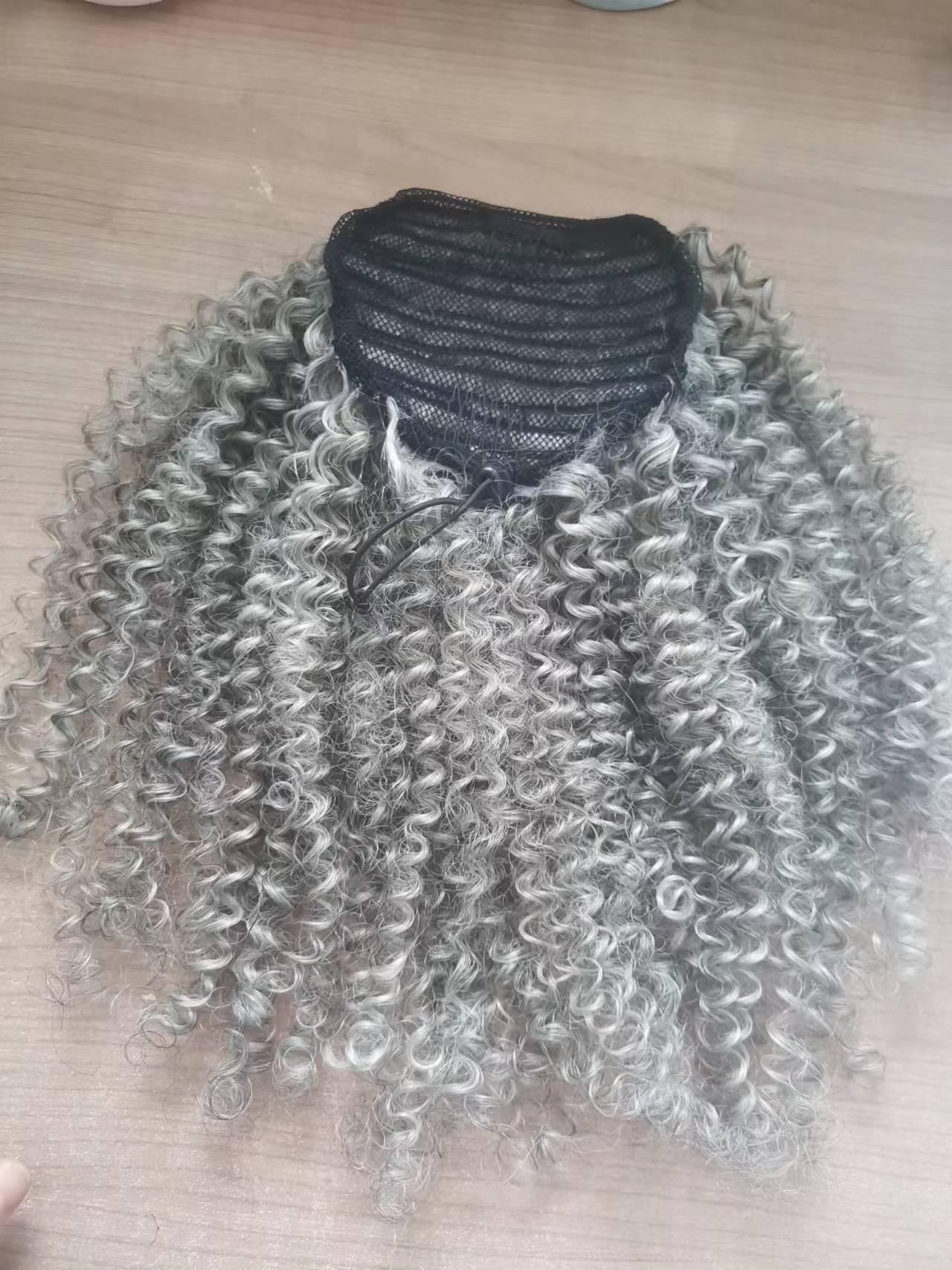 Silver grey drawstring kinky curly ponytail hairpiece Long high wraps clip in human hair gray pony tail hairpiece 140g 20" 1pcs