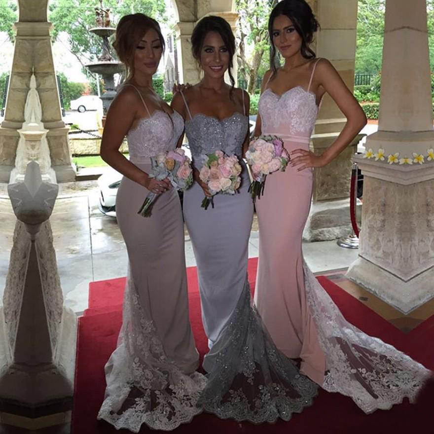Bridesmaid Dresses Spaghetti Straps Sweetheart Sequined Lace Bodice Custom Long Sheath Sier Maid Of Honor Dress Evening Gowns