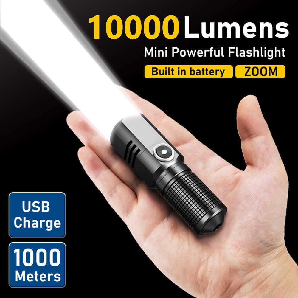 Flashlights Torches 10000 Lumens Mini Powerful Led Flashlight XHP50 Built in Battery 3 Modes Usb Rechargeable Flash Light EDC Torch Lamp Flashlights L221014
