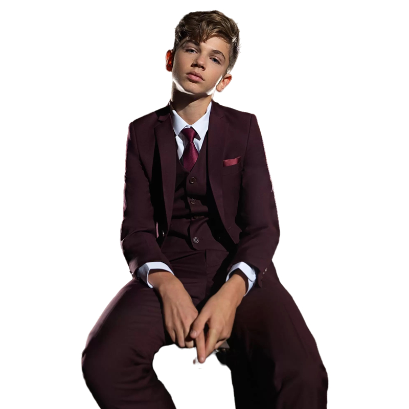 Burgundy Boy's Formal Wear Kids Suits Dinner Tuxedos Little Boy Groomsmen Children For Wedding Party Prom Blazer Jacket Vest Pants