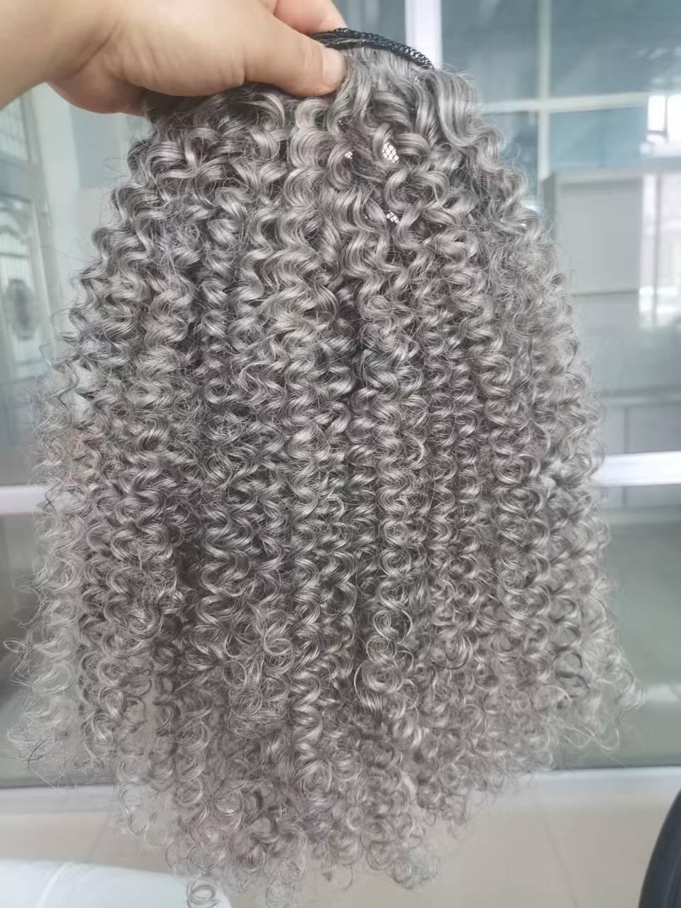 Silver grey drawstring kinky curly ponytail hairpiece Long high wraps clip in human hair gray pony tail hairpiece 140g 20" 1pcs