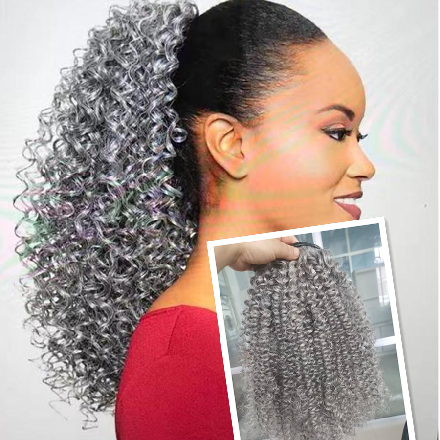 Silver grey drawstring kinky curly ponytail hairpiece Long high wraps clip in human hair gray pony tail hairpiece 140g 20" 1pcs