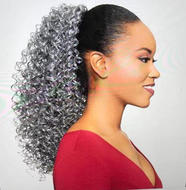 4C afro silver gray grey kinky ponytail extensions in clips long wraps drawstring coily curly clip in pony tail extention hairpiece 1pcs 140g 18inch