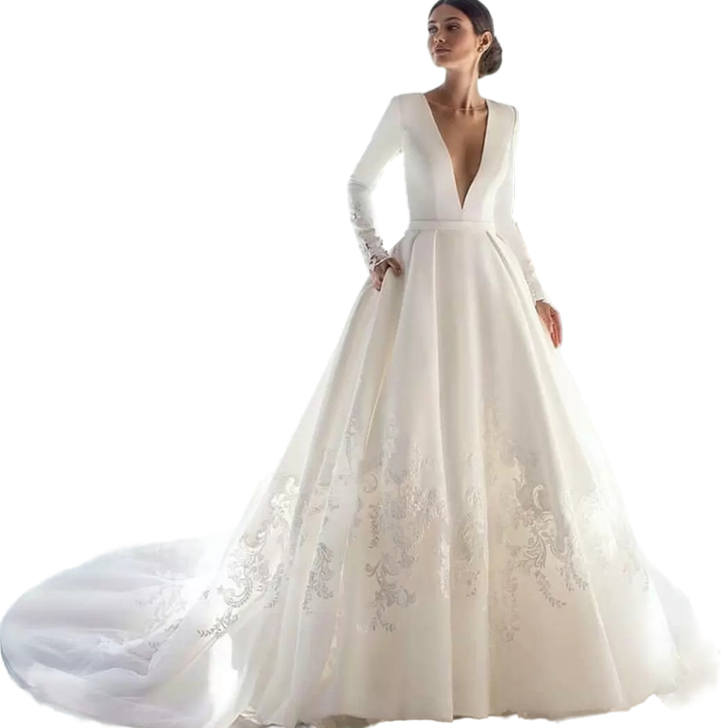 Modern Long Sleeves Satin A-Line Wedding Dresses Bridal Gowns Lace Appliques V-Neck Hollow Back Buttons Ivory White Color Simple Chapel Garden Robe De