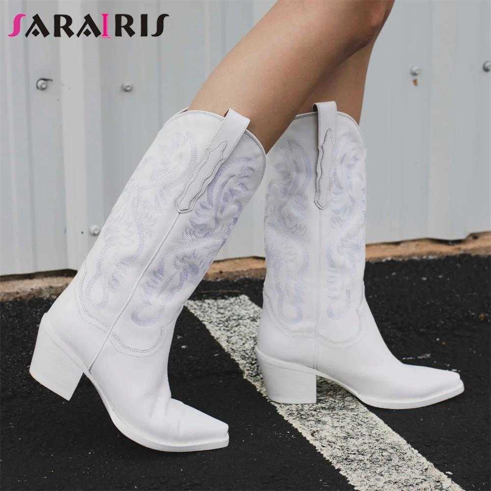 

Brand New Embroider 2022 Autumn Winter Western Mid Calf Boots Women Chunky Heels Vintage Cowgirl Cowboy Boots Retro Shoes Woman, Silver style 5
