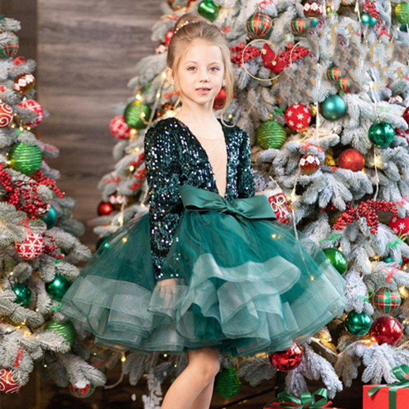 Flower Girls Dresses Sequin Burgundy Baby Velvet Full Sleeves Flowers Dress Knee Length Dresses Bow Puffy First Communion