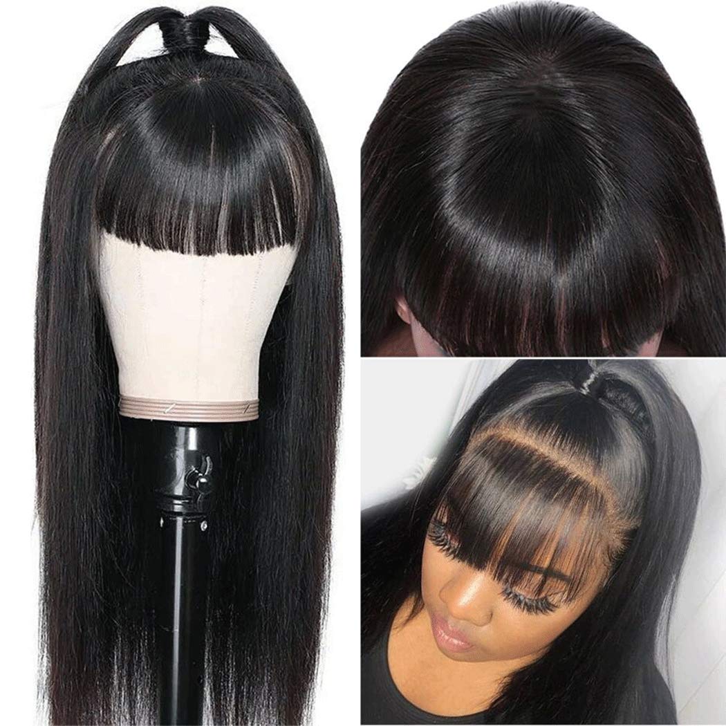 Short Bob Wigs With fringe Bangs 10inch Brazilian Straight Remy Human Hair None Lace Front 150 Density Glueless Machine Made Wig for Black Women Natur