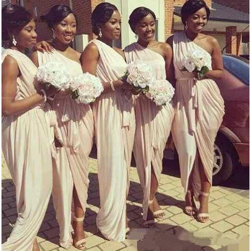 Pale Dusty Pink One-shoulder Long Country Bridesmaid Daped Split Maid of Honor Wedding Guest Party Prom Dresses
