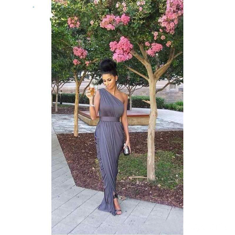 Pale Dusty Pink One-shoulder Long Country Bridesmaid Daped Split Maid of Honor Wedding Guest Party Prom Dresses