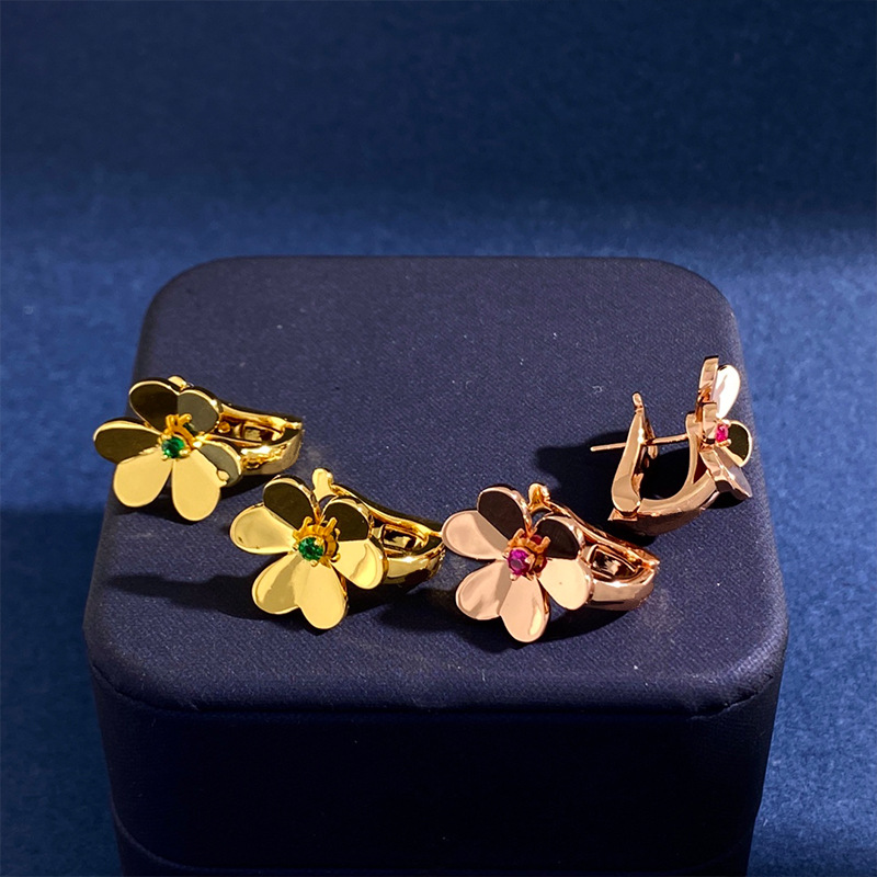 New Red CZ 3 clover flower green gold stud earring for woman jewelry simple style personality design mini