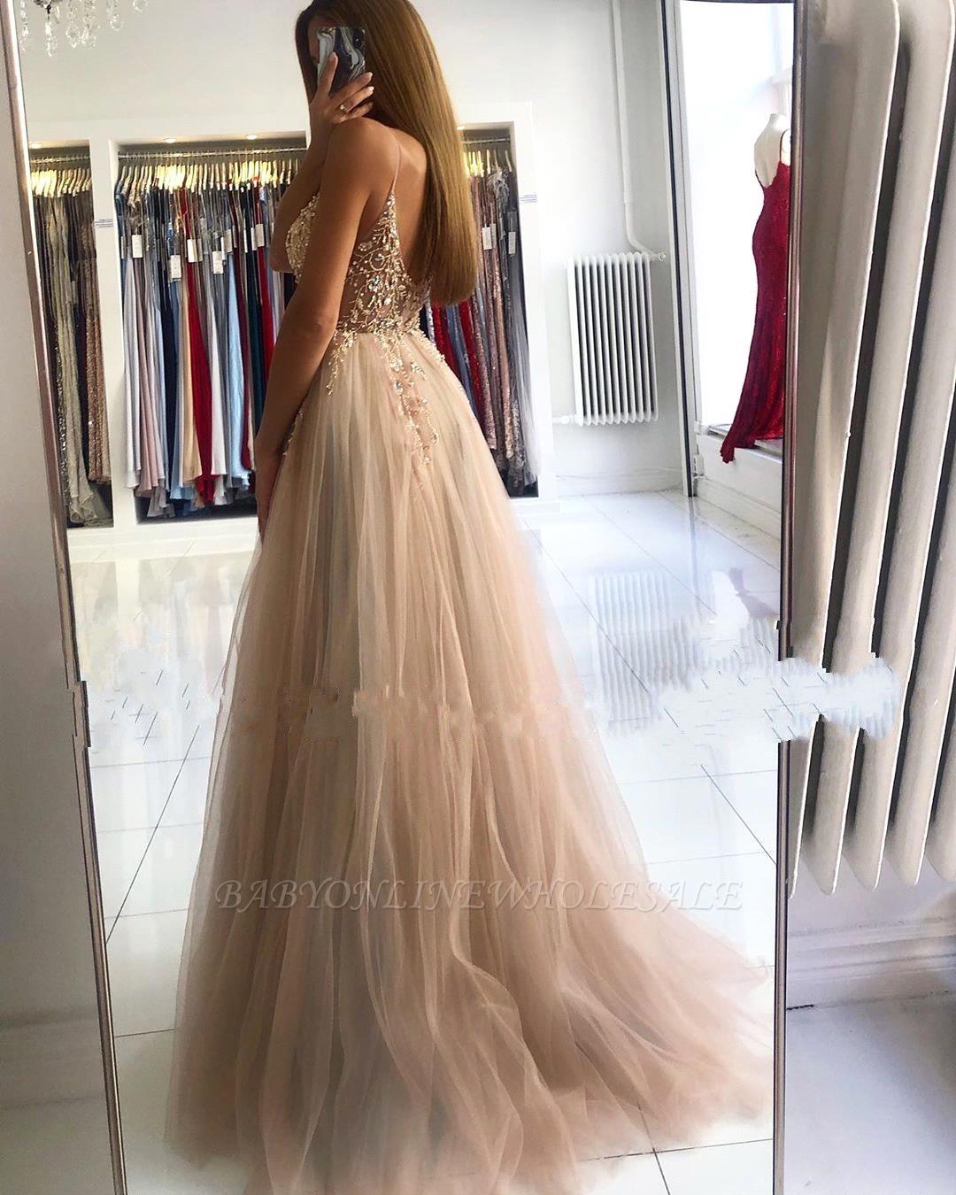 Stunning Pink Chamapgne Blue Prom Dresses A E Spahgetti Straps Split Evening Gowns With Beads Sequins Backless Party Vestidos Bc5488 6660311