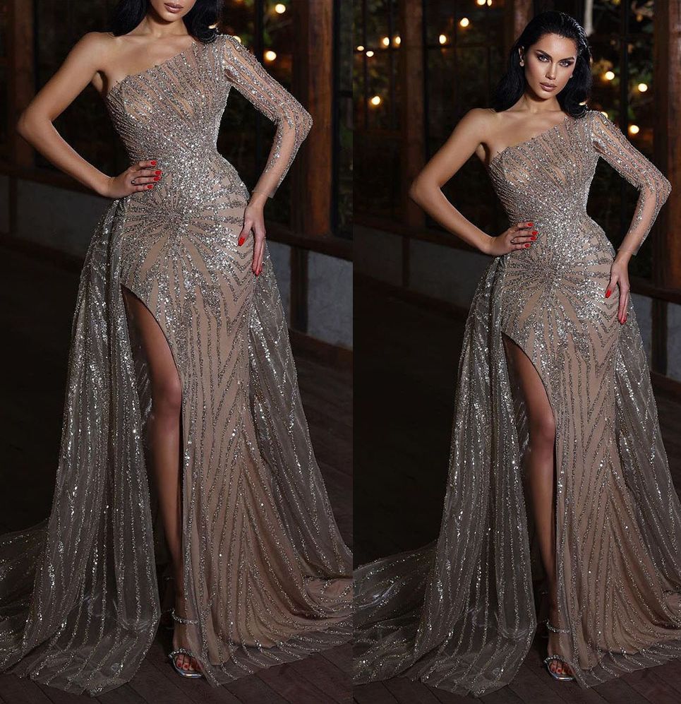 Elegant Mermaid Prom Dresses One Shoulder Sequins Party Dresses Side Split Floor Length Custom Made Evening Dress