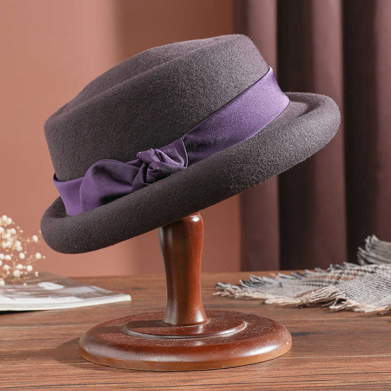 Beanie/Skull Caps Vintage Pork Pie Hat Women 3cm Small Brim Wool Felt Fedora Black Hat Lady Party Jazz Ribbon Trilby Cloche Hats L221013